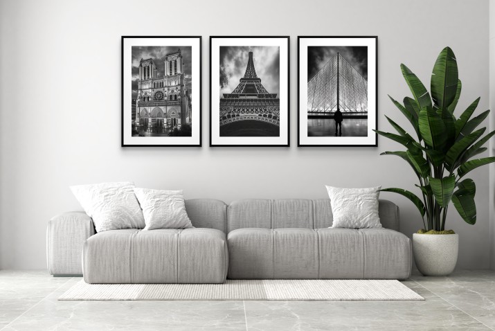 Elegancki Zestaw Plakatów Paryż – Wieża Eiffla, Notre-Dame, Luwr – Czarno-Biała Dekoracja Ścienna 94100 - zdjęcie 6