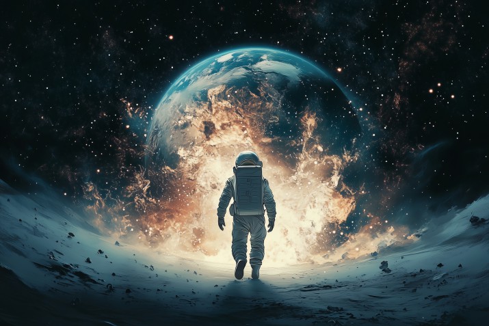 Fototapeta Kosmos – Astronauta i Eksplodująca Planeta | Nowoczesna Dekoracja Ścienna w Stylu Science-Fiction 81568 - zdjęcie 2