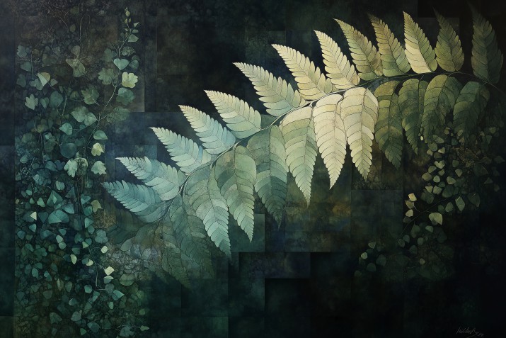 Fototapeta botaniczna- Artystyczny Motyw Liści Paproci | Dekoracja w odcieniach Zieleni, Beżu i Złota 94106 - zdjęcie 2