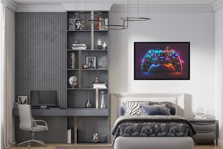 Obraz na płótnie w Ramie American Box | Neonowy kontroler, pad- dekoracja do pokoju gracza R64614 - zdjęcie 7