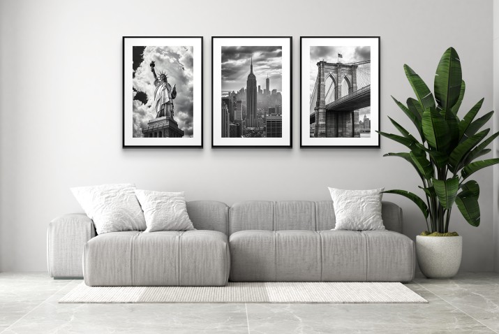 Elegancki zestaw plakatów Nowy Jork – Statua Wolności, Empire State Building, Brooklyn Bridge – czarno-biała dekoracja do salonu, sypialni, biura 94098 - zdjęcie 8
