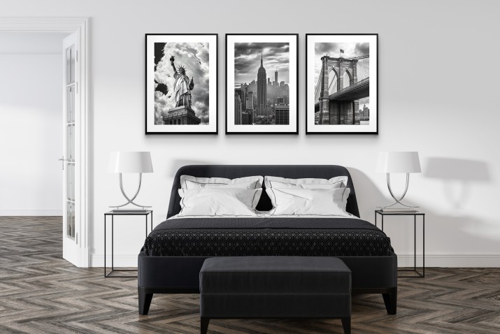 Elegancki zestaw plakatów Nowy Jork – Statua Wolności, Empire State Building, Brooklyn Bridge – czarno-biała dekoracja do salonu, sypialni, biura 94098 - zdjęcie 7