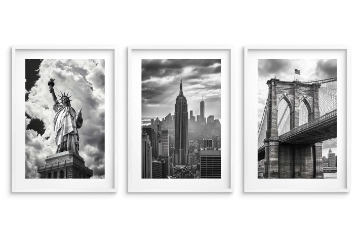 Elegancki zestaw plakatów Nowy Jork – Statua Wolności, Empire State Building, Brooklyn Bridge – czarno-biała dekoracja do salonu, sypialni, biura 94098 - zdjęcie 4