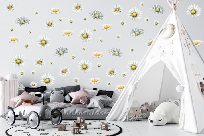 Naklejki w stylu boho, rustykalnym- Białe Kwiatki, Stokrotki na ścianę, meble | Subtelna dekoracja do pokoju dziecka, niemowlaka T42081 Naklejkomania - zdjecie 1