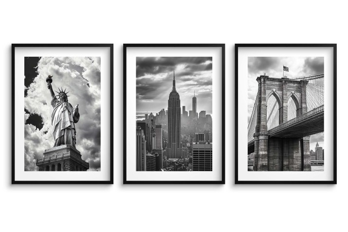 Elegancki zestaw plakatów Nowy Jork – Statua Wolności, Empire State Building, Brooklyn Bridge – czarno-biała dekoracja do salonu, sypialni, biura 94098 - zdjęcie 2