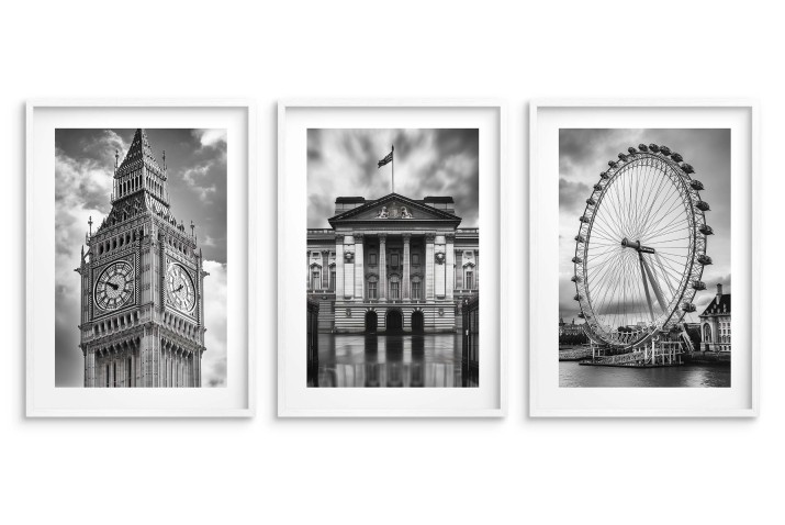 Zestaw 3 plakatów Czarno- biały Londyn – Big Ben, Pałac Buckingham, London Eye – elegancka dekoracja ścienna 94099 - zdjęcie 3