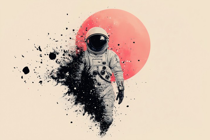 Młodzieżowa fototapeta – Astronauta i księżyc | Czarno-biała ilustracja z akcentem czerwieni 81567 - zdjęcie 2