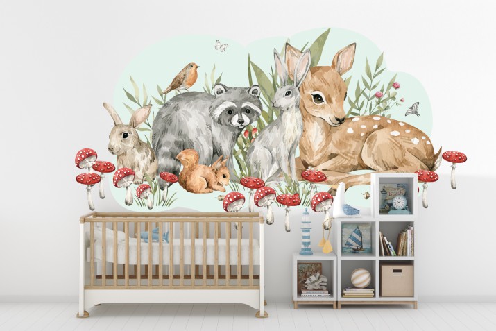 Naklejki ścienne – Leśne Zwierzęta i grzybki | Urocza dekoracja do pokoju dziecka | Ozdoby boho do pokoju dziecka, żłobka i przedszkola T420910