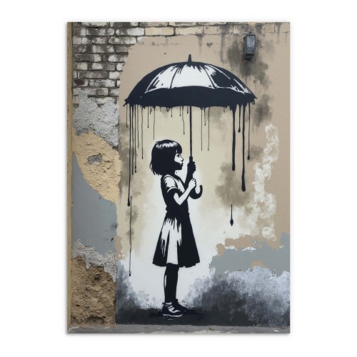 Plakat Street Art – Dziewczynka z parasolem | Banksy Styl | Mural miejski, czarno-biała dekoracja ścienna 81692 - zdjęcie 4