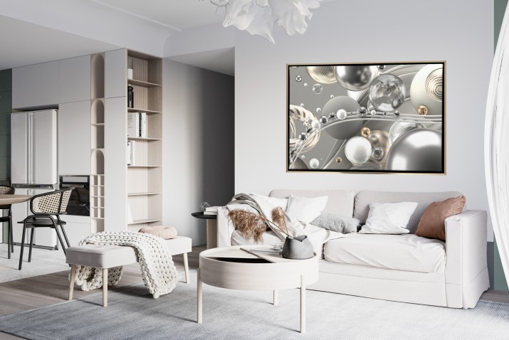 Abstrakcyjny Obraz w eleganckiej ramie American Box | Srebrne i Złote kule- nowoczesna dekoracja Glamour R241315 - zdjęcie 9