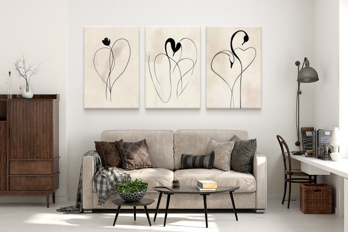 Beżowy obraz na płótnie- Minimalistyczne serca i łabędzie Line Art | Elegancki Tryptyk do nowoczesnych wnętrz 94138 - zdjęcie 6