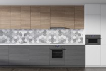 Nowoczesny Panel kuchenny z grafiką 3D | Płyta ochronna nad blat- szare płytki heksagon mozaika 81764 Naklejkomania - zdjecie 1 - miniatura