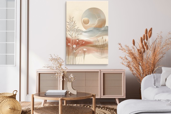 Obraz do salonu – pastelowy krajobraz z trawami i zachodem słońca | Harmonijna grafika w stylu japandi i soft boho 68205 - zdjęcie 5