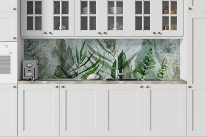 Panel kuchenny między szafki– stylowa dekoracja do kuchni | Lacobel Zielone Liście P21183