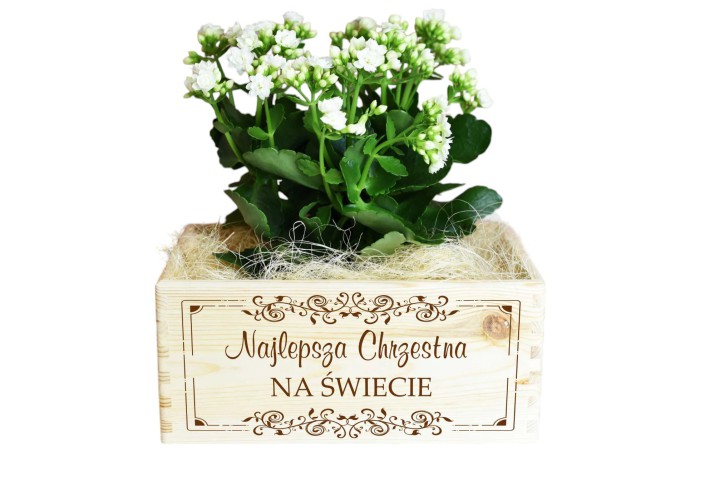 Skrzynka drewniana na kwiaty, Chrzest, Komunia, podziękowanie dla Chrzestnej  01 Naklejkomania - zdjecie 1
