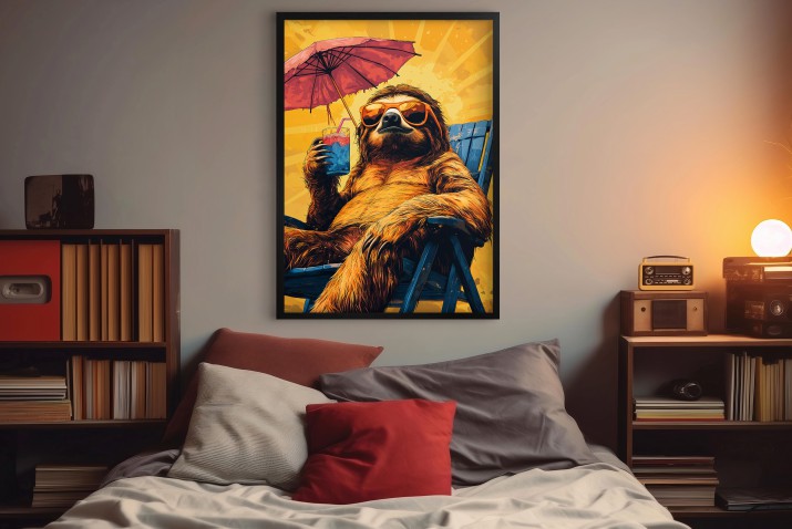 Letni plakat z leniwcem– żółto-pomarańczowa dekoracja z wakacyjnym klimatem | Śmieszny obraz na ścianę 94127 - zdjęcie 5