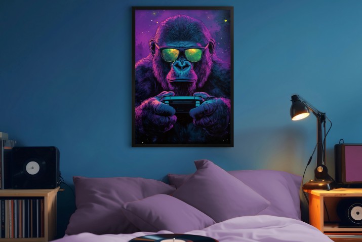Plakat z neonowym gorylem- graczem | Nowoczesna dekoracja ścienna z motywem gamingowym 94126 - zdjęcie 5