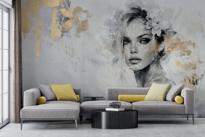 Elegancka Fototapeta Glamour z Twarzą Kobiety – Artystyczna Dekoracja w Złocie i Szarości 94020