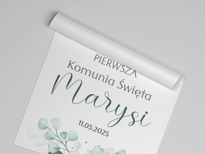 Subtelny Plakat na Pierwszą Komunię z motywem liści  | Tablica Powitalna na Komunię z imieniem i datą | Powitanie gości Pierwsza Komunia Święta  61732 - zdjęcie 4
