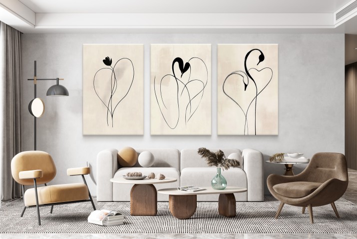 Beżowy obraz na płótnie- Minimalistyczne serca i łabędzie Line Art | Elegancki Tryptyk do nowoczesnych wnętrz 94138 - zdjęcie 3