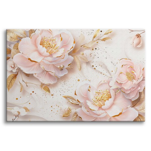 Kwiatowy Obraz na Płótnie – Pastelowe Peonie w Stylu Glamour | Róż i złoto- dekoracja do sypialni 68218 - zdjęcie 2