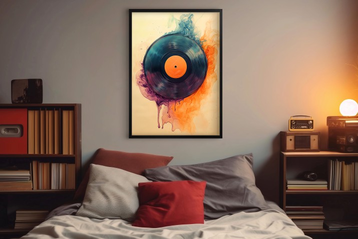 Plakat z motywem płyty winylowej do wnętrz w stylu rero, loft, industrialnych – Pomarańcz, turkus, fiolet 94131 - zdjęcie 7