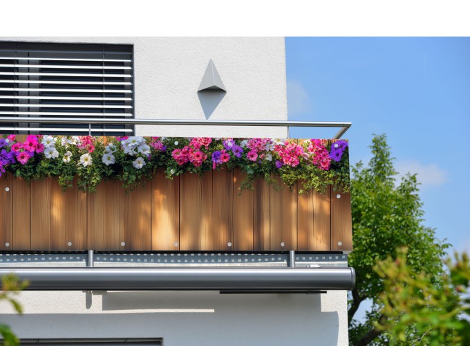 Maskownica barierek na balkon, Osłona balkonowa, na płot | Dekoracyjny baner- Kolorowe kwiaty i deski 81781