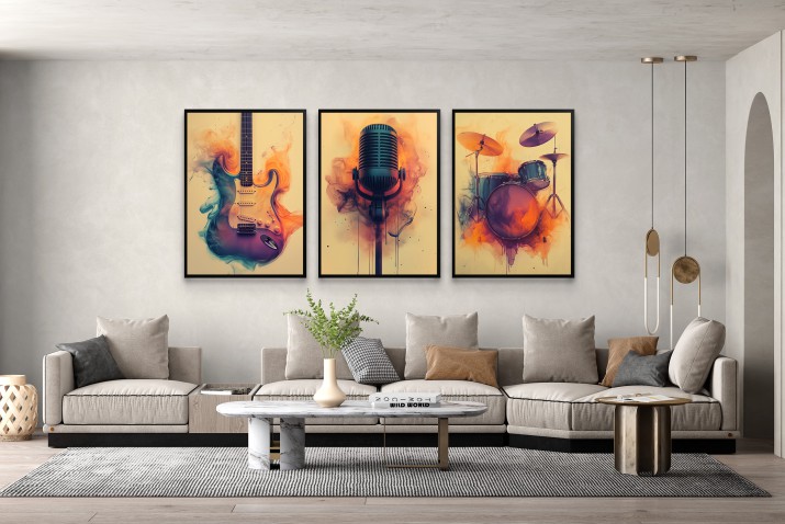 WYPRZEDAŻ 30x40 Zestaw kolorowych plakatów z motywem muzycznym- Gitara, Mikrofon, Perkusja | Idealne do Pokoju Nastolatka 94114 - zdjęcie 3