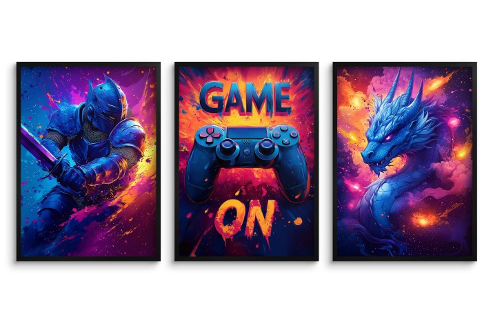 Zestaw Neonowych Plakatów Gamingowych – Game On, Wojownik, Smok – Dekoracja do Pokoju Gracza 94115 - zdjęcie 2