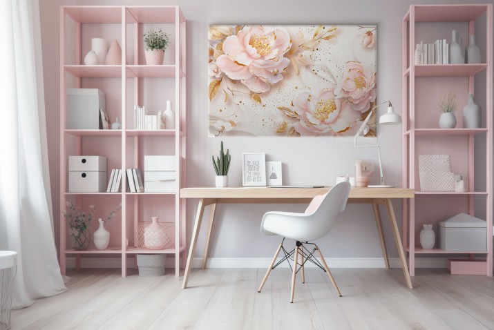 Kwiatowy Obraz na Płótnie – Pastelowe Peonie w Stylu Glamour | Róż i złoto- dekoracja do sypialni 68218 - zdjęcie 5