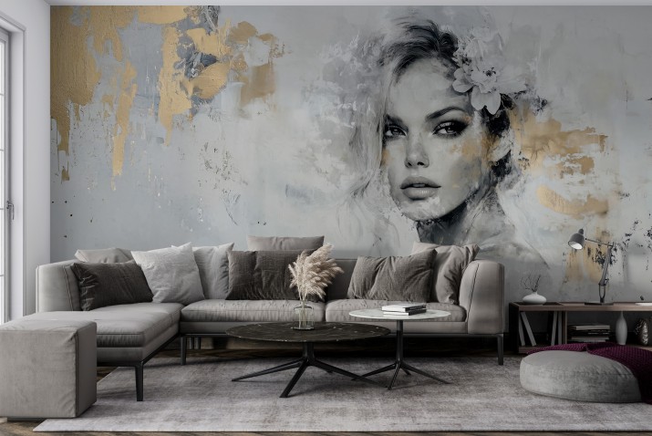 Elegancka Fototapeta Glamour z Twarzą Kobiety – Artystyczna Dekoracja w Złocie i Szarości 94020 - zdjęcie 2
