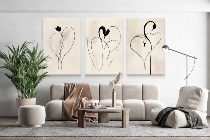 Beżowy obraz na płótnie- Minimalistyczne serca i łabędzie Line Art | Elegancki Tryptyk do nowoczesnych wnętrz 94138 - zdjęcie 5