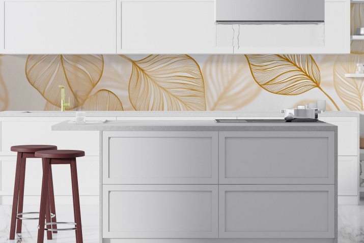 Elegancka dekoracja na ścianę w kuchni- Biały panel ochronny nad blat ze złotym wzorem liści 81719 - zdjęcie 2