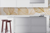 Elegancka dekoracja na ścianę w kuchni- Biały panel ochronny nad blat ze złotym wzorem liści 81719 Naklejkomania - zdjecie 2 - miniatura