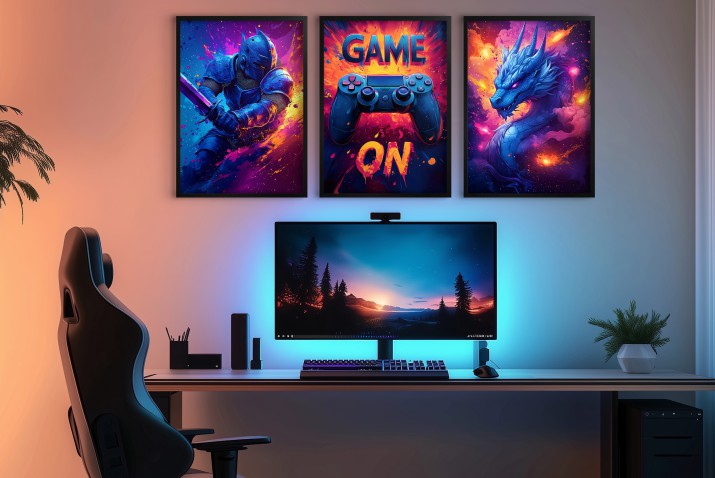 Zestaw Neonowych Plakatów Gamingowych – Game On, Wojownik, Smok – Dekoracja do Pokoju Gracza 94115 - zdjęcie 6