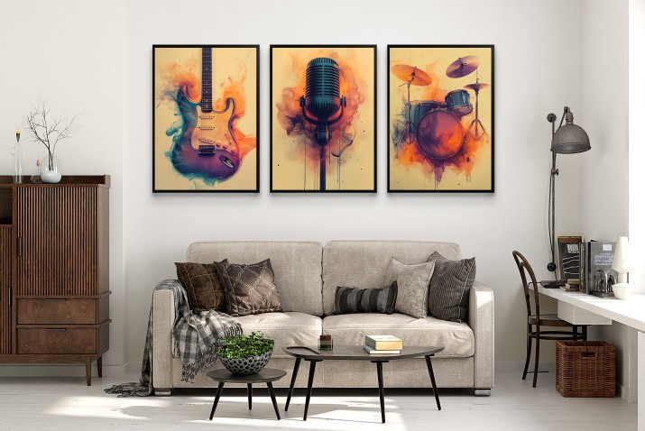 WYPRZEDAŻ 30x40 Zestaw kolorowych plakatów z motywem muzycznym- Gitara, Mikrofon, Perkusja | Idealne do Pokoju Nastolatka 94114 - zdjęcie 4