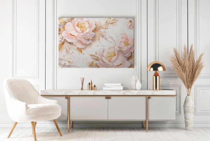 Kwiatowy Obraz na Płótnie – Pastelowe Peonie w Stylu Glamour | Róż i złoto- dekoracja do sypialni 68218 - zdjęcie 4