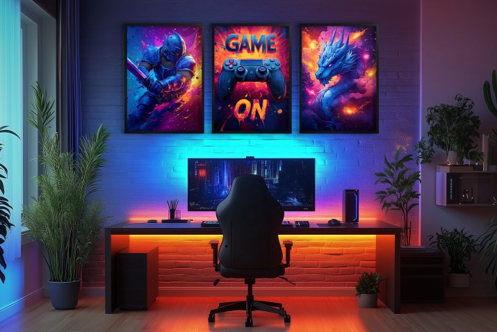 Zestaw Neonowych Plakatów Gamingowych – Game On, Wojownik, Smok – Dekoracja do Pokoju Gracza 94115 - zdjęcie 5