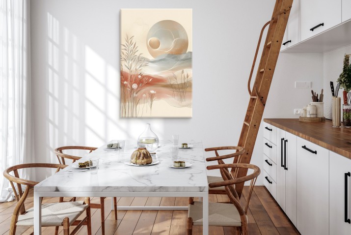 Obraz do salonu – pastelowy krajobraz z trawami i zachodem słońca | Harmonijna grafika w stylu japandi i soft boho 68205 - zdjęcie 3