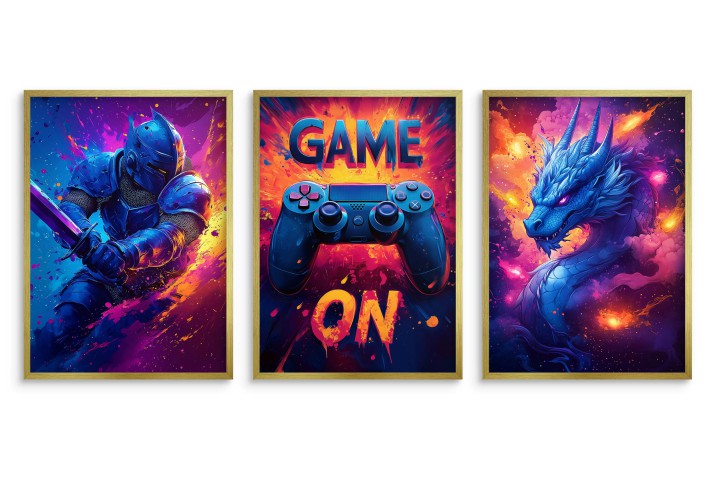 Zestaw Neonowych Plakatów Gamingowych – Game On, Wojownik, Smok – Dekoracja do Pokoju Gracza 94115 - zdjęcie 3