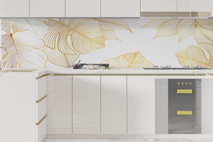 Elegancki panel do nowoczesnej kuchni- Złote Liście | Biały Lacobel nad blat kuchenny 81718