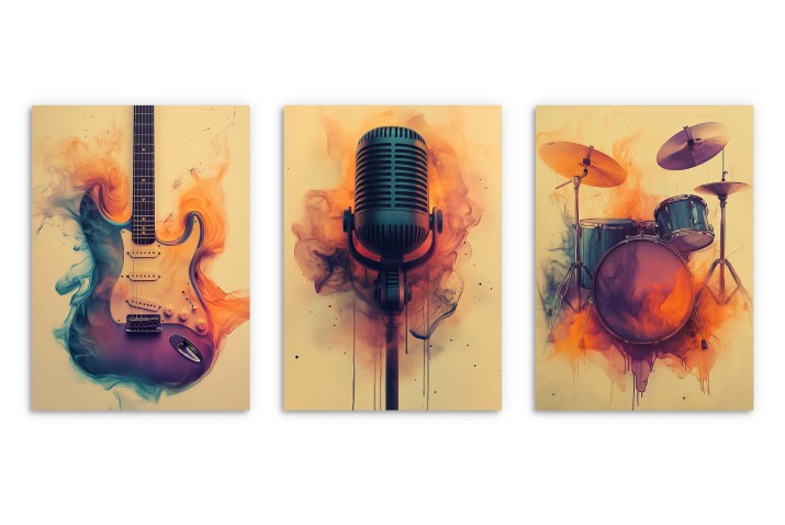 WYPRZEDAŻ 30x40 Zestaw kolorowych plakatów z motywem muzycznym- Gitara, Mikrofon, Perkusja | Idealne do Pokoju Nastolatka 94114