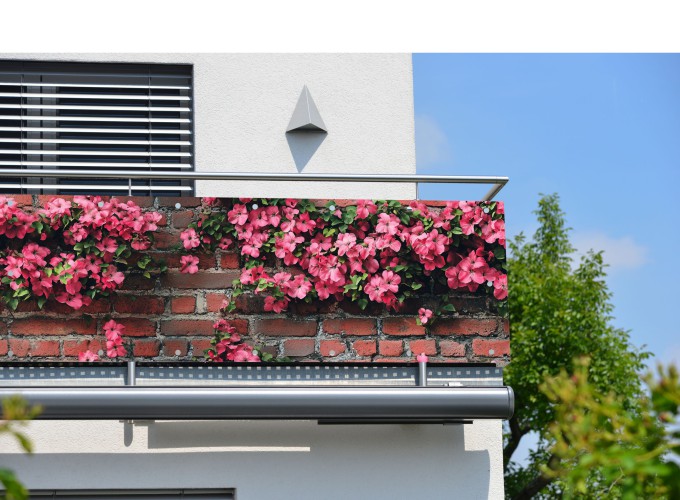 Ozdobna Osłona na balkon, taras, ogrodzenie- Różowe kwiaty na czerwonej cegle 81780