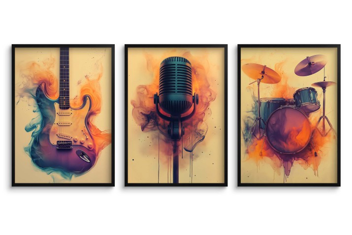 Zestaw kolorowych plakatów z motywem muzycznym- Gitara, Mikrofon, Perkusja | Idealne do Pokoju Nastolatka 94114 - zdjęcie 4