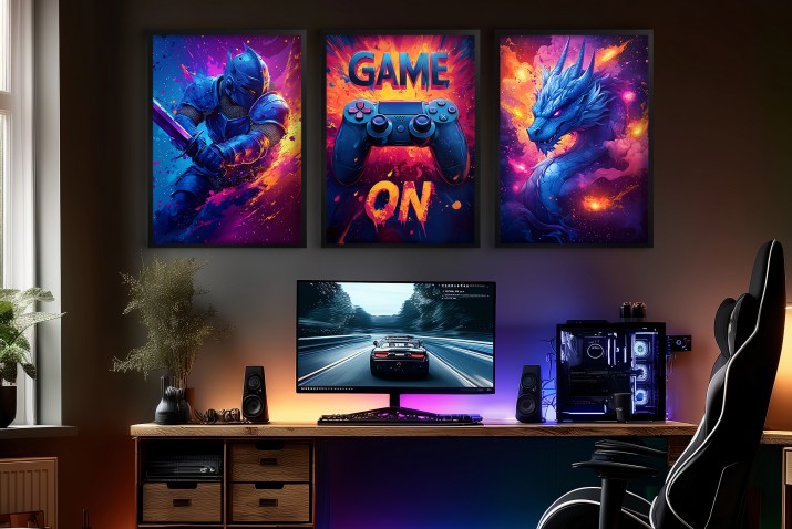 Zestaw Neonowych Plakatów Gamingowych – Game On, Wojownik, Smok – Dekoracja do Pokoju Gracza 94115 - zdjęcie 7