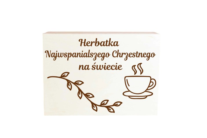 Skrzynka drewniana z grawerem na herbatę, prezent dla Chrzestnego, podziękowania Chrzest, Komunia 04 Naklejkomania - zdjecie 1