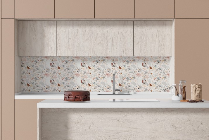 Modny Panel kuchenny- Lastriko | Dekoracyjny Lacobel z pastelowym wzorem terazzo 81725