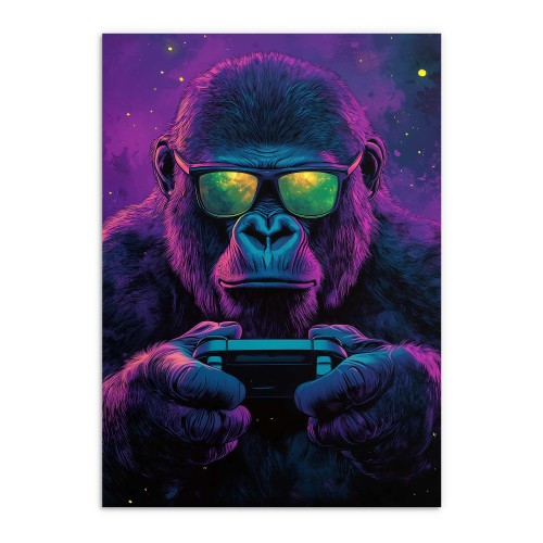Plakat z neonowym gorylem- graczem | Nowoczesna dekoracja ścienna z motywem gamingowym 94126 - zdjęcie 4