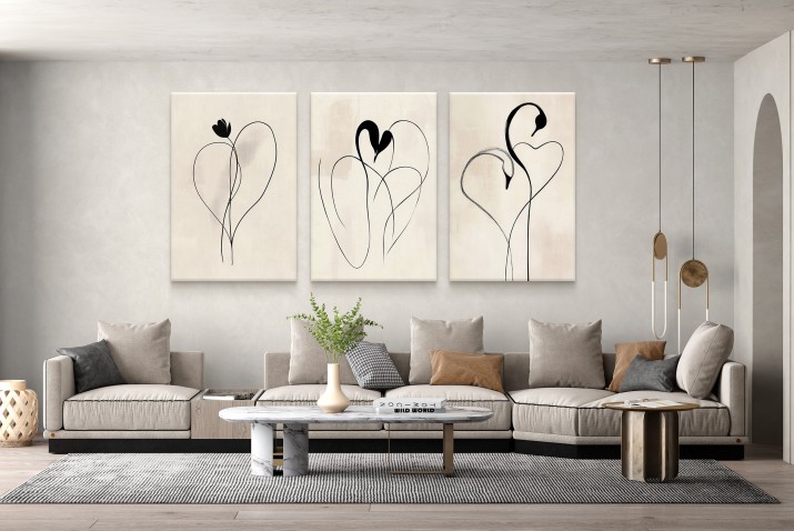 Beżowy obraz na płótnie- Minimalistyczne serca i łabędzie Line Art | Elegancki Tryptyk do nowoczesnych wnętrz 94138 - zdjęcie 4
