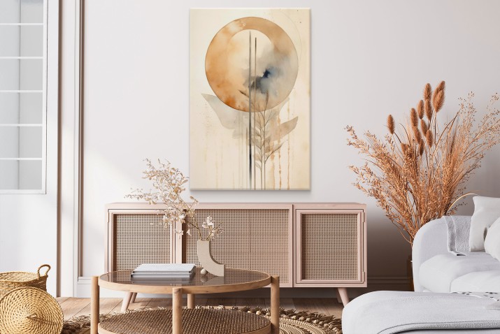 Elegancki obraz w stylu boho – Abstrakcja w akwareli | Minimalistyczny motyw rośliny w beżu 68208 - zdjęcie 5
